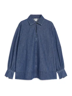 Puff-Sleeve Denim Blouse